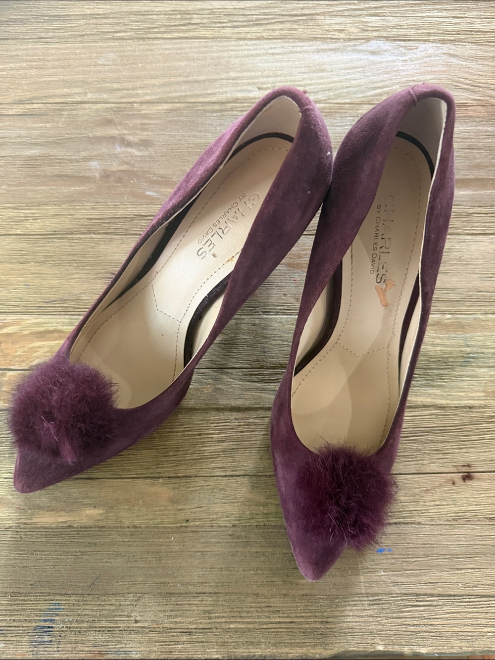 Charles By Charles David Plum Suede Pointed-Toe Pom-Pom Pumps